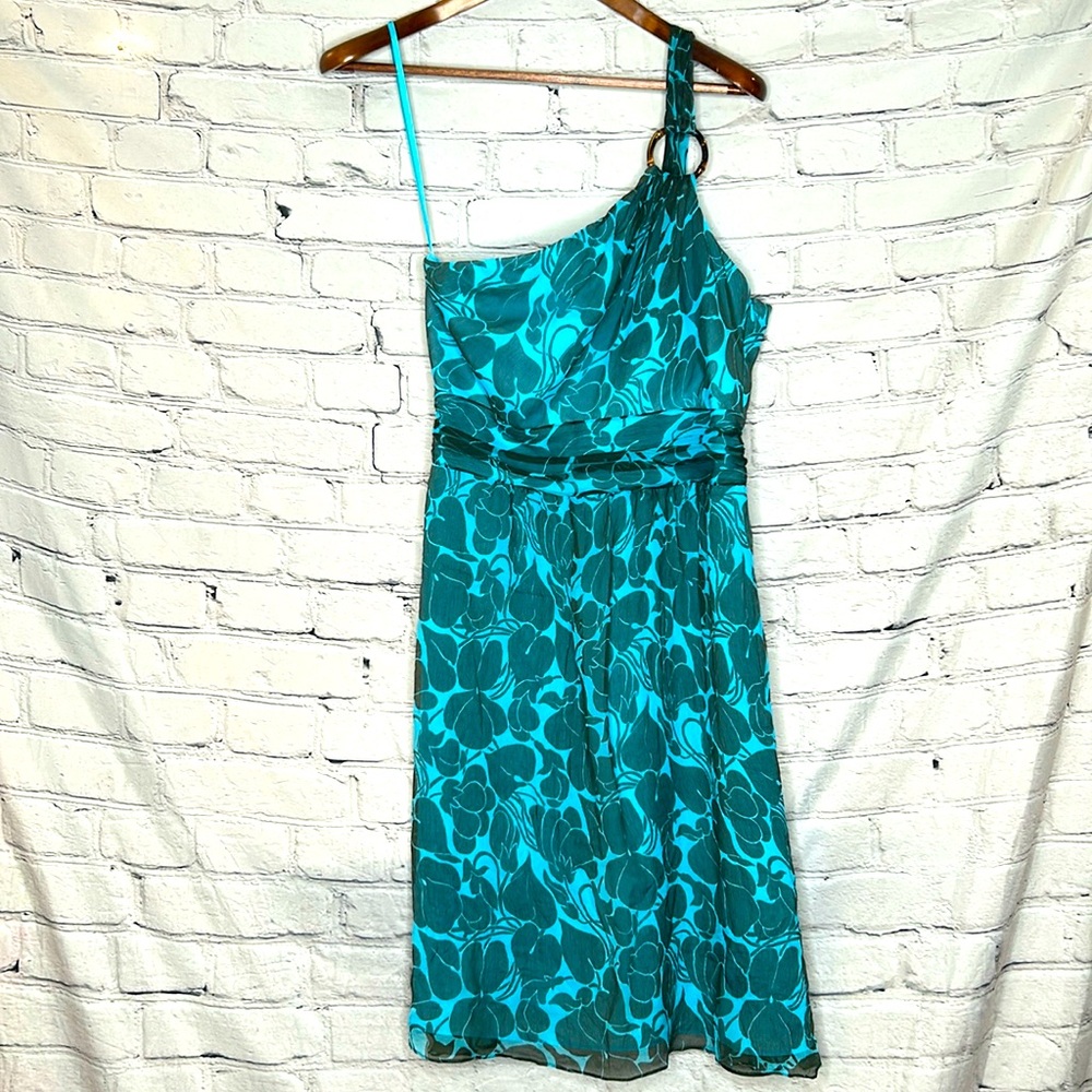 Milly Of New York Blue Green Floral One-Shoulder Silk Dress Size 8